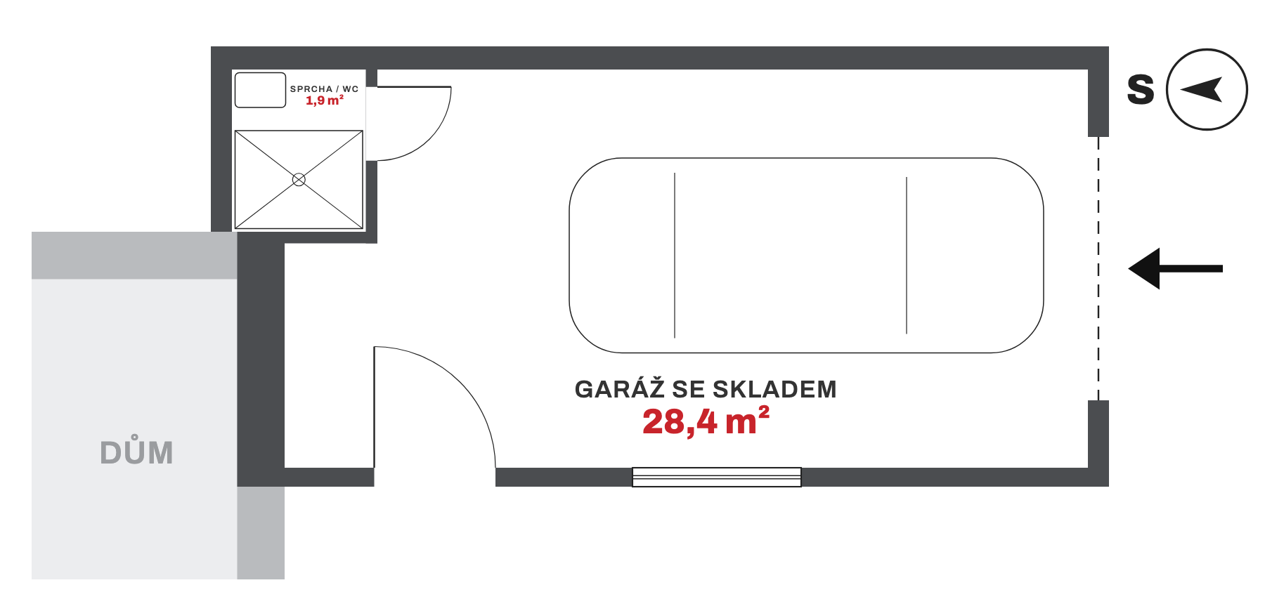 Půdorys garáže: garáž se skladem 28,4 m² s vraty z jihu a místnost pro sprchu nebo WC 1,9 m² u domu